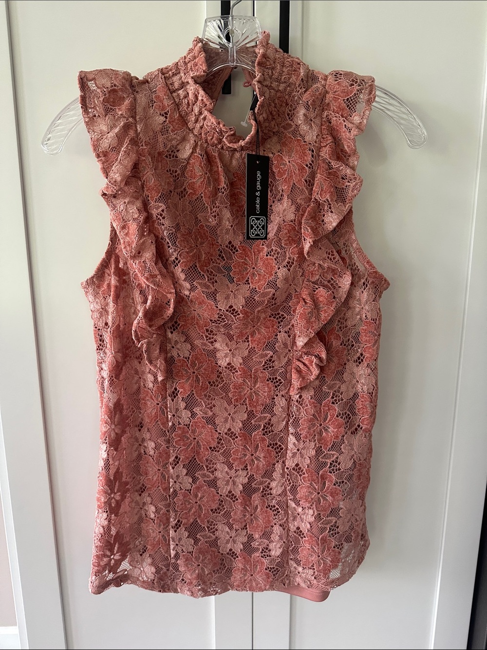 Cable & Gauge Dusty Rose Sleeveless Floral Lace Ruffle Mock Neck Top